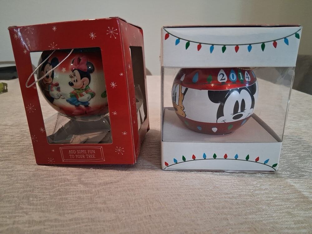 Lot of 2 Disney Christmas Ornaments Hallmark & Disney Collection 2014 Mickey Box
